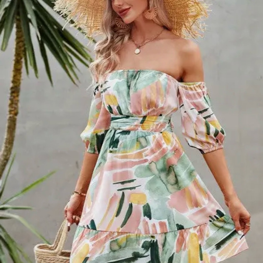 Off-Shoulder Floral Watercolor Midi Dress - Pink & Green